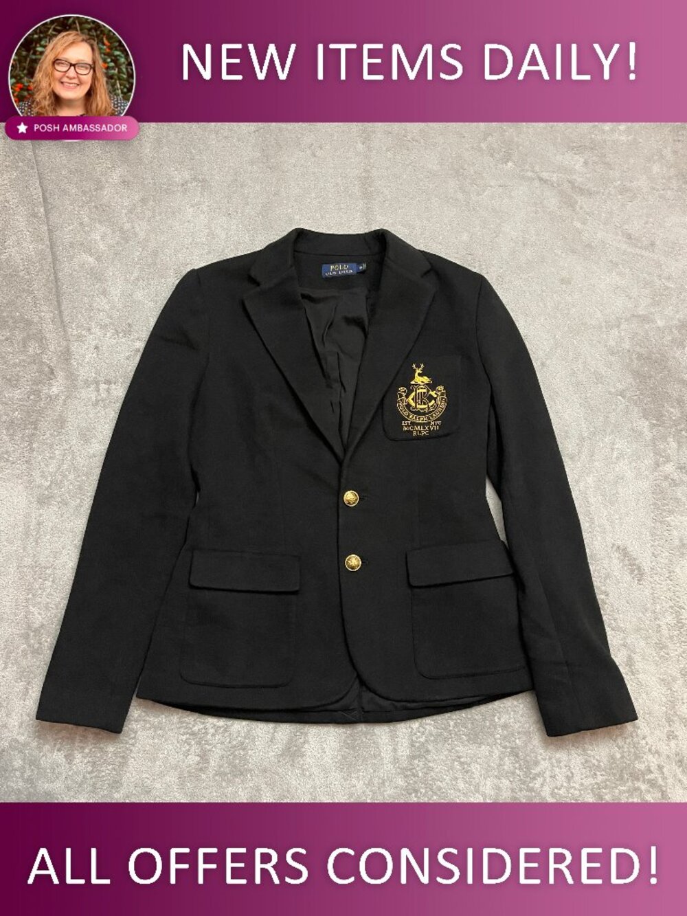 Polo Ralph Lauren Jacket Women's Size 10 Black Crest Blazer Gold Buttons